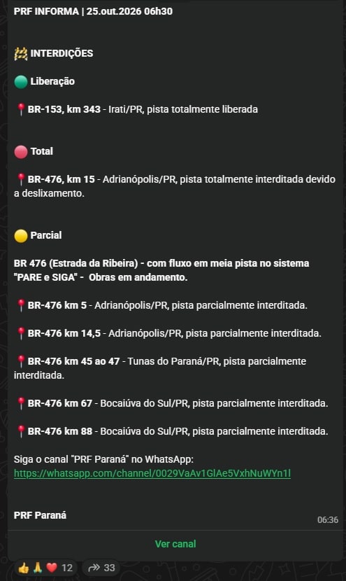 br-153 km 343 liberou br-476 km 15 total